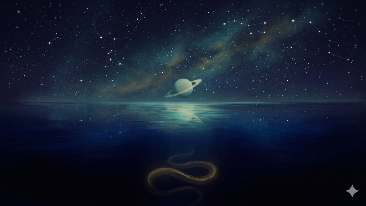 Uttara Bhadrapada nakshatra — a still night ocean reflecting stars, serpentine deep wisdom coiling in the abyssal depths below the calm surface