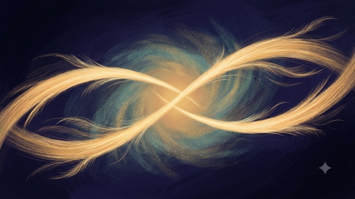 Two intertwining arcs of golden air light merging in a deep indigo cosmos, evoking Venus in Gemini love through curiosity and exchange