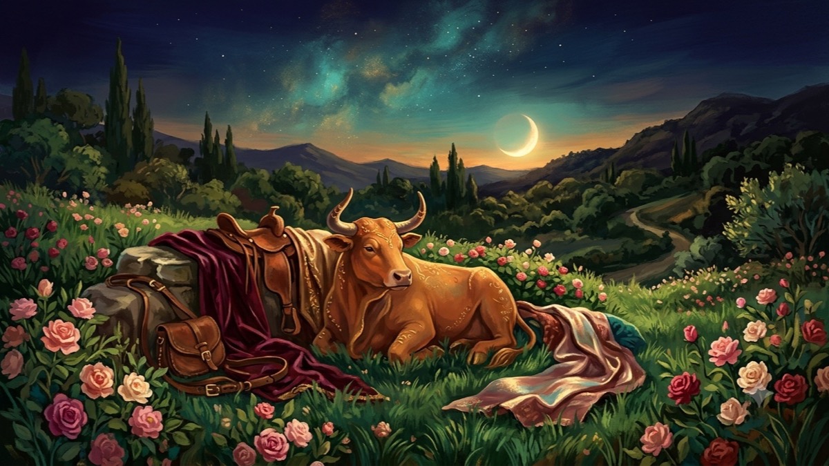 Golden bull resting amid roses and rich textures under a Venus-lit dusk sky, evoking Venus in Taurus sensory beauty and lasting value