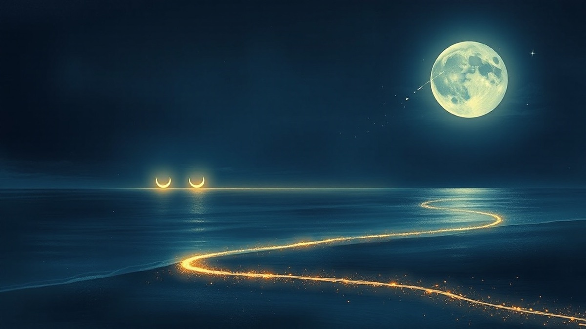 Moonlit indigo shoreline with three glowing crescents above the water and silver sparks at the horizon