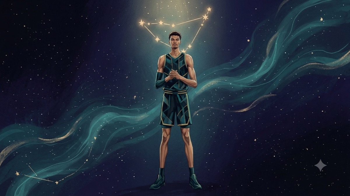 Stylized celestial portrait of a tall basketball player with a Capricorn constellation glowing overhead in an indigo starfield