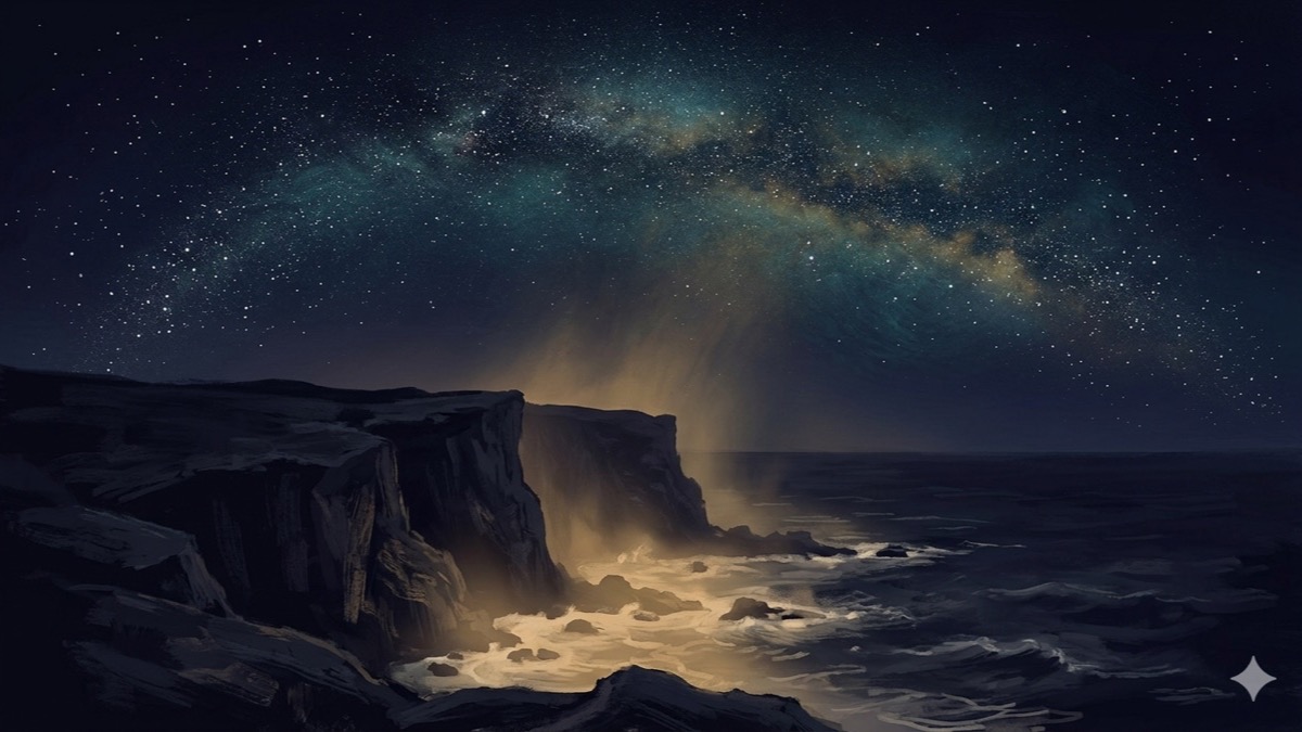 Coastal cliff at night where warm amber earth light and cool silver stars meet in one sky, evoking Cancer Sun and Sagittarius Moon