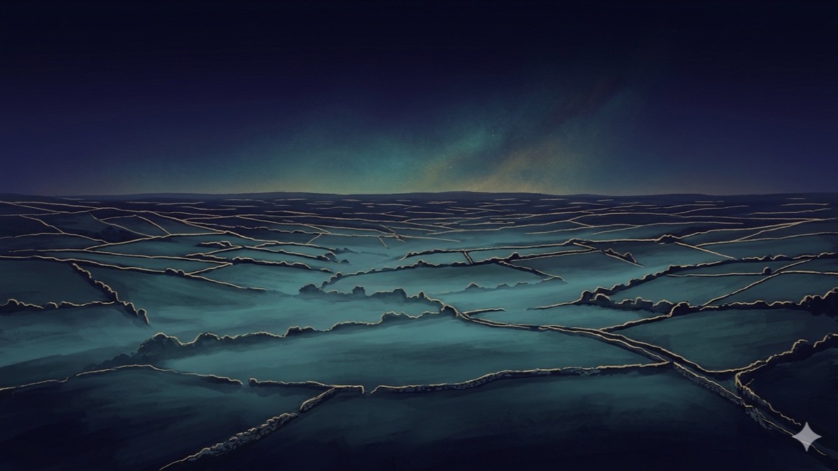 Pre-dawn indigo landscape with teal-gold constellation lines, an owl on a stone wall watching as soft gold light breaks the horizon