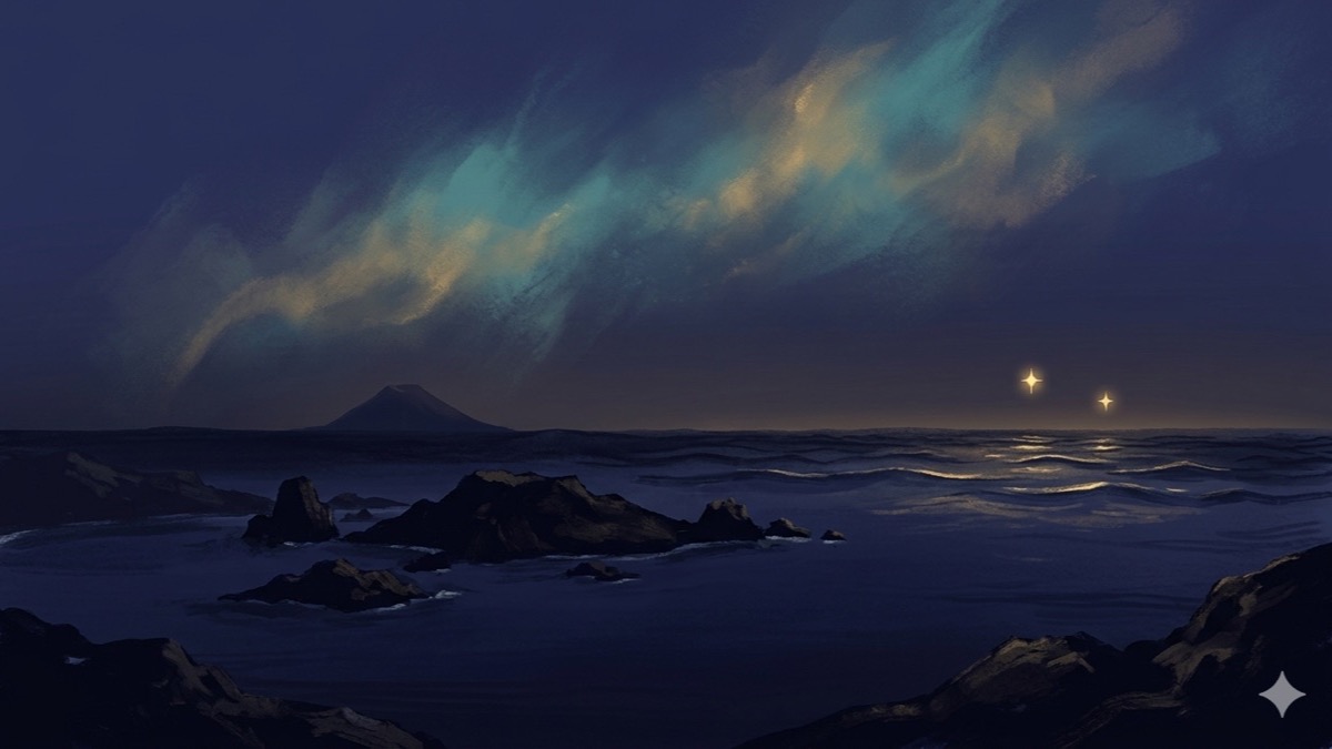 Twin golden stars rising over a dark volcanic island seascape at twilight, teal nebula wash across the wide indigo sky