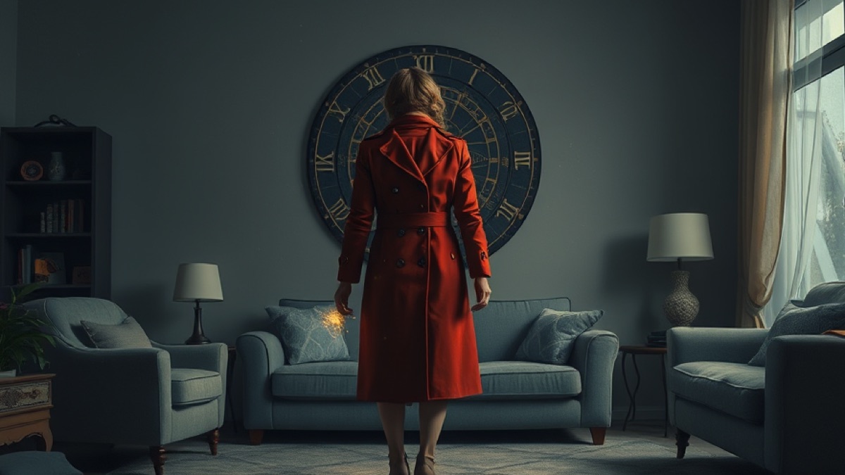 A lone figure in a red-toned coat stands in a suburban living room half-dissolving into painted stage scenery, gold light trailing from her hands.