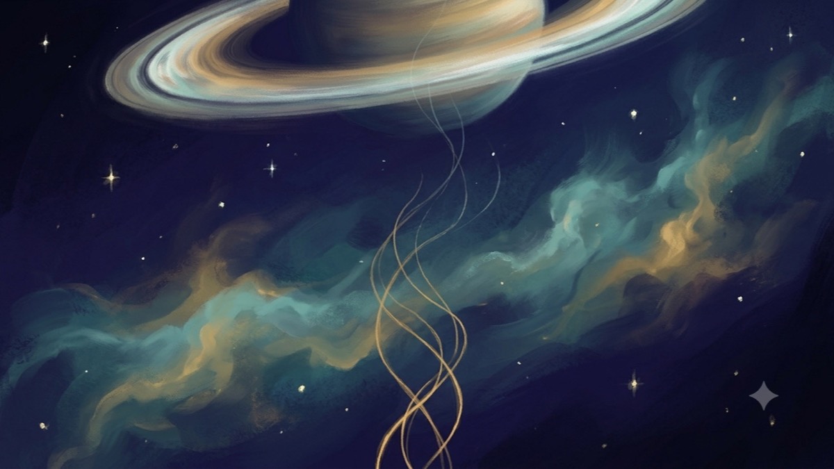 Glowing golden threads dissolving into a deep indigo cosmos with Saturn's rings arcing above, evoking the act of releasing old patterns