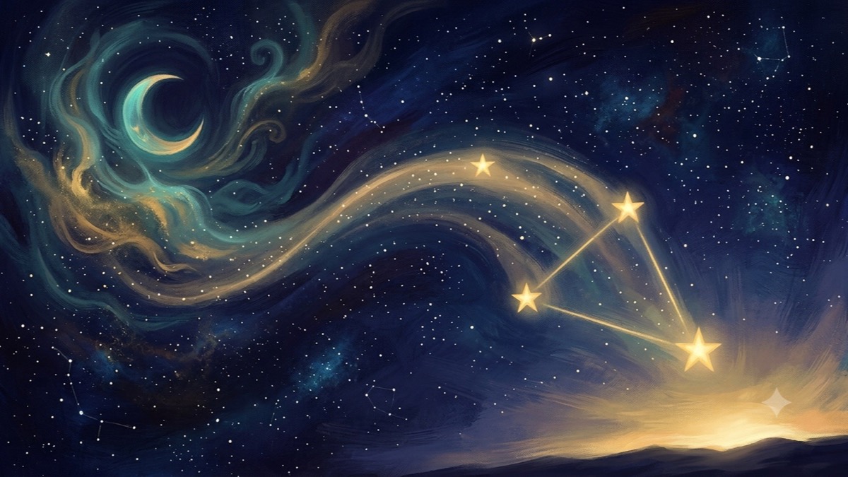 Birth chart life purpose reading — North Node, Sun, and Midheaven as gold star signatures pointing toward a glowing direction of growth