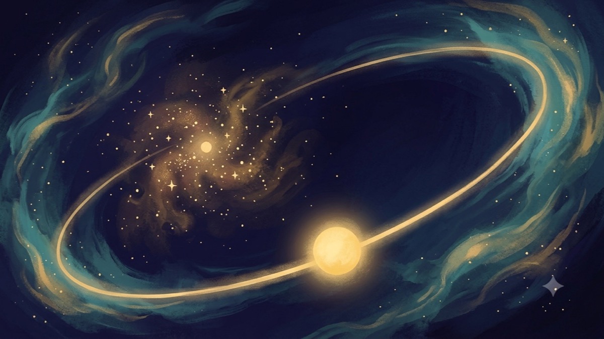 Golden sun tracing its annual return arc through a deep indigo nebula sky, representing a personal yearly astrology theme