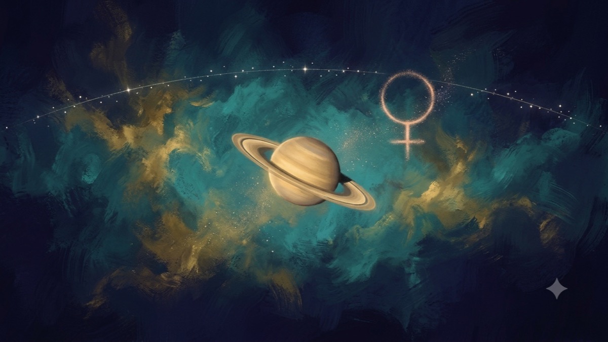 Saturn and Venus symbols glowing in a deep indigo nebula, representing commitment fear explored through an astrology birth chart