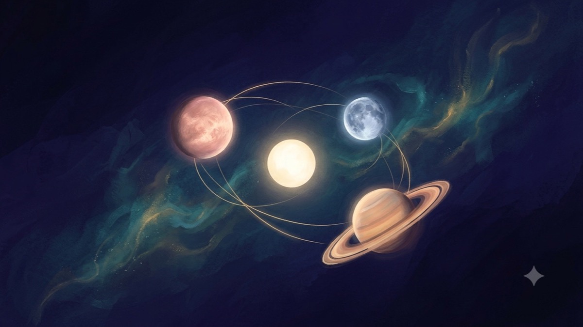 A lone luminous orb connected by gold filaments to Venus, Moon, and Saturn glowing in a deep indigo nebula cosmos