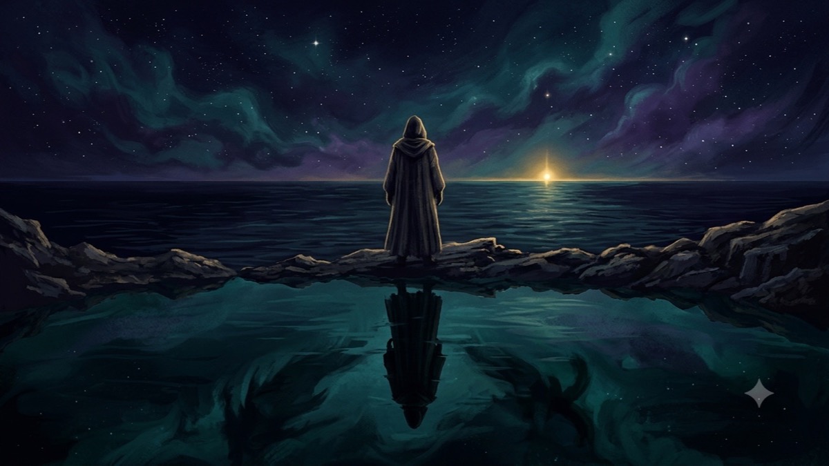 A silhouette stands at the edge of a dark cosmic sea mirrored by a shadowed reflection, a gold glow at the horizon