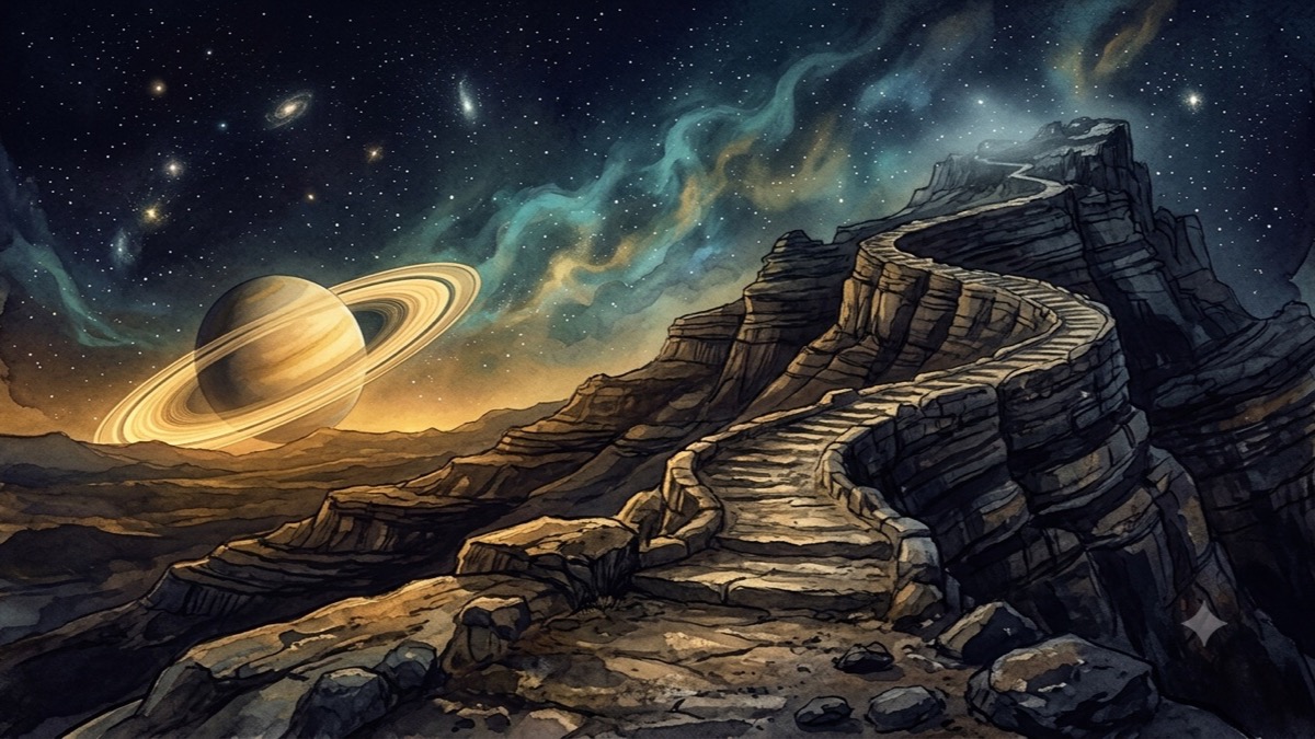 A winding path ascending toward Saturn on the horizon, symbolizing the slow foundation-laying phase of career stagnation in astrology