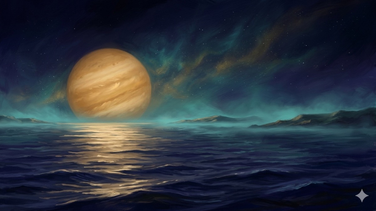 木星从靛蓝大洋升起，金光映照三片遥远海岸，象征2026世界杯的集体归属占星能量