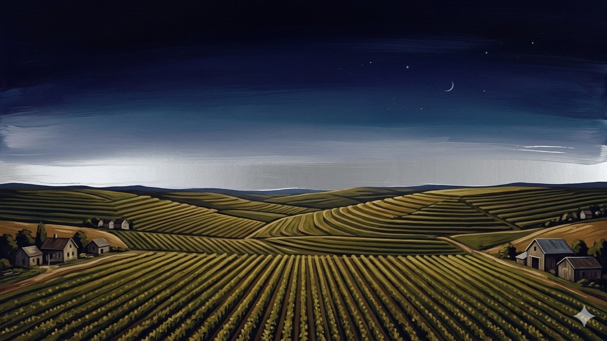 Dusk over ordered terraced farmland under a cool silver Mercury sky blending into deep indigo, evoking Virgo's harvest precision