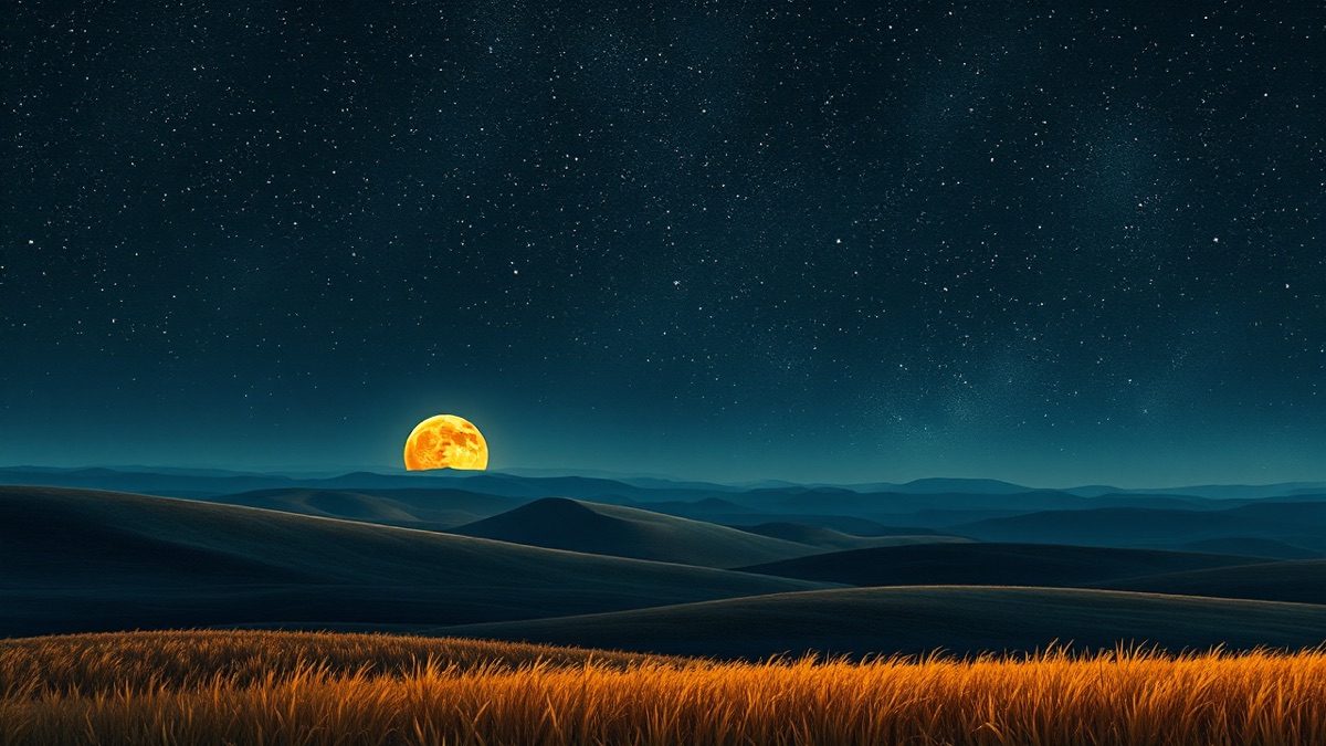 A single nocturnal landscape where a harvest moon rises over rolling earth while ancient constellations glow overhead — two celestial languages on one sky