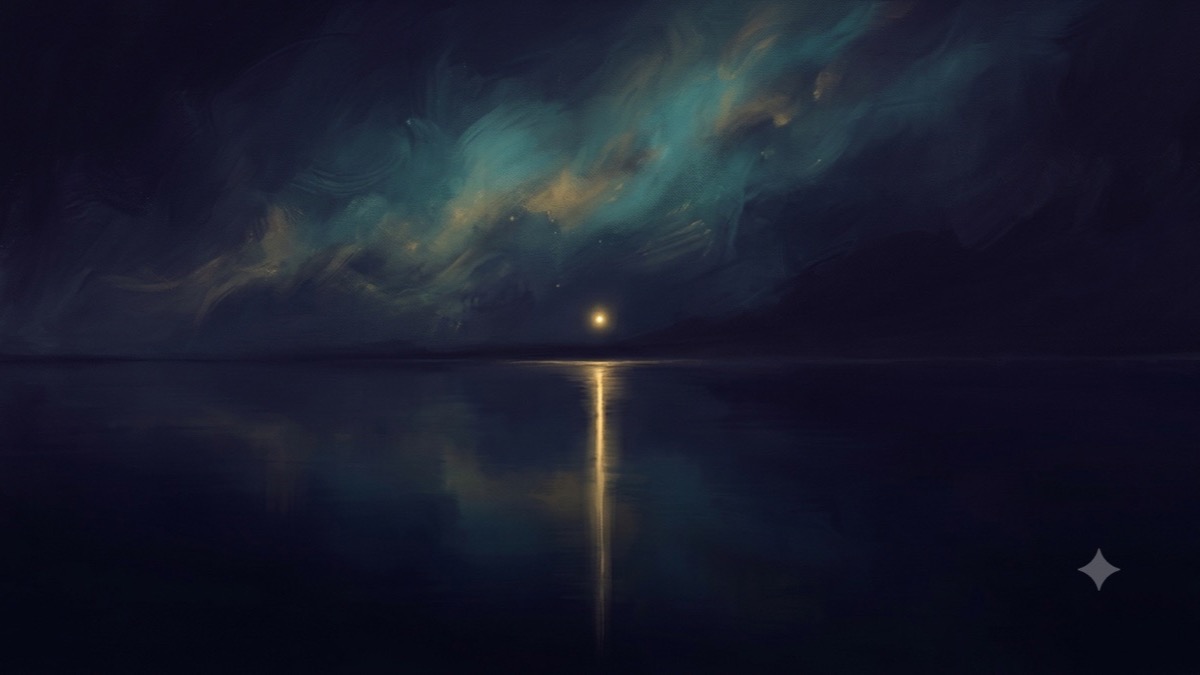 深夜静湖，地平线低处一点金光，在镜面般的暗水上投下长长倒影，宛如一只静静睁开的觉知之眼。