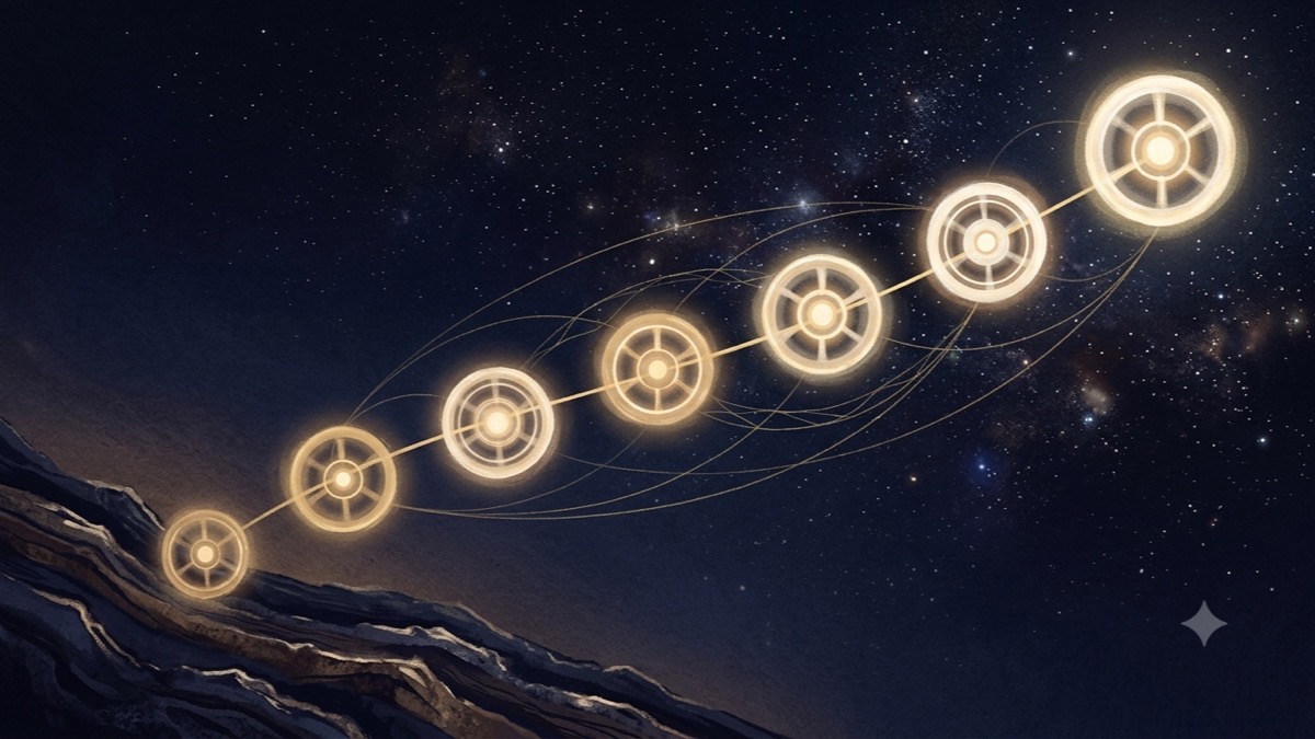 Seven glowing energy centers strung on a single golden thread rising from earth to sky, showing the chakra system as one connected family