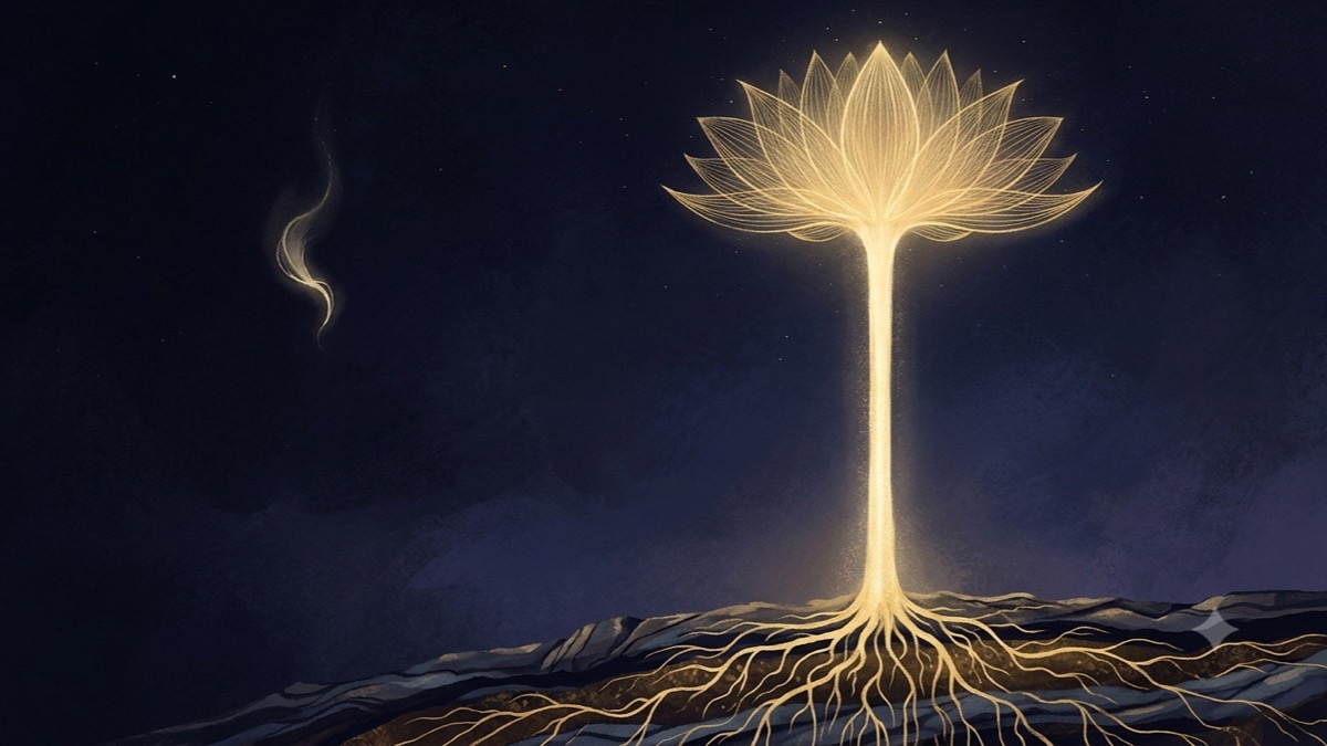 A rooted column of light blooming into a thousand-petaled radiance while a rootless wisp drifts in the background, showing a grounded crown chakra versus untethered floating