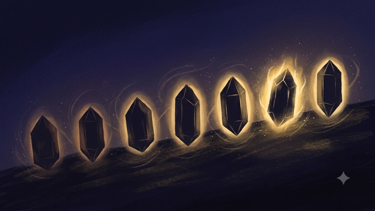 Seven faceted crystals in a rising line, each haloed with gold light of different intensity, showing crystals chosen by a center's energy state rather than color