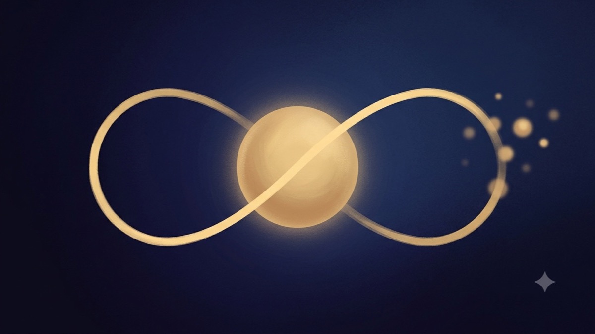 A golden figure-eight current flowing out to distant orbs and back into a central glowing heart, showing the heart chakra as balanced giving and receiving