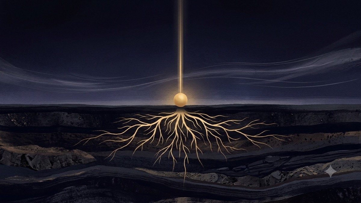A steady glowing orb anchored by deep golden roots in dark earth while wind streaks pass above, showing root chakra safety as ground that outlasts passing stress