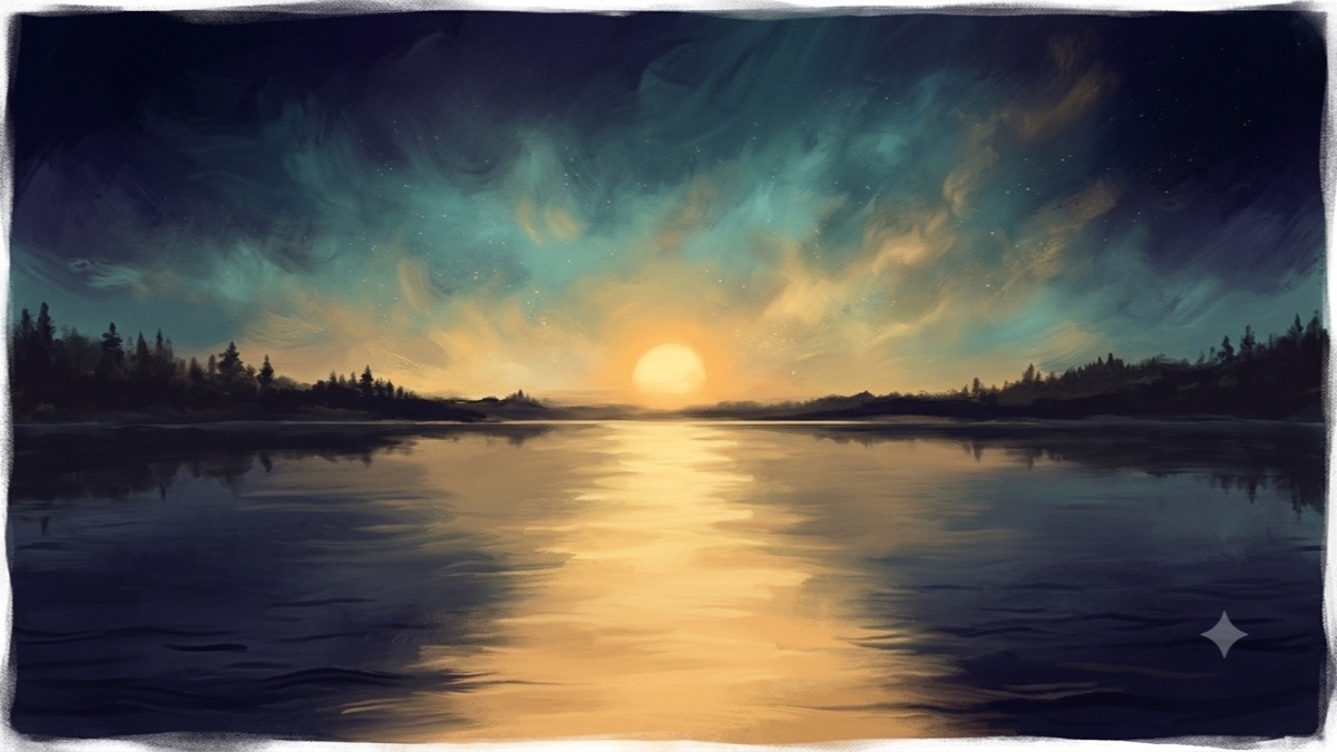 A warm golden sun-glow rising over a calm lake, its steady light flooding warmly across the water.