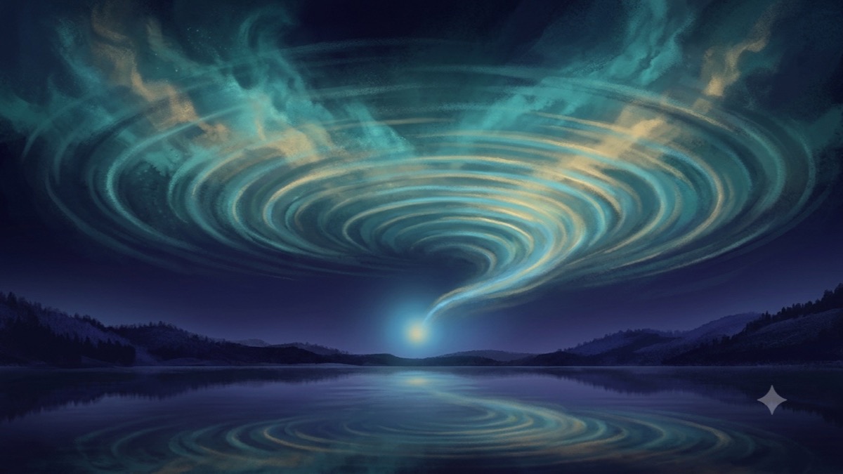 A stream of blue-gold light rising from a still lake and spreading across the sky as wide concentric ripples.