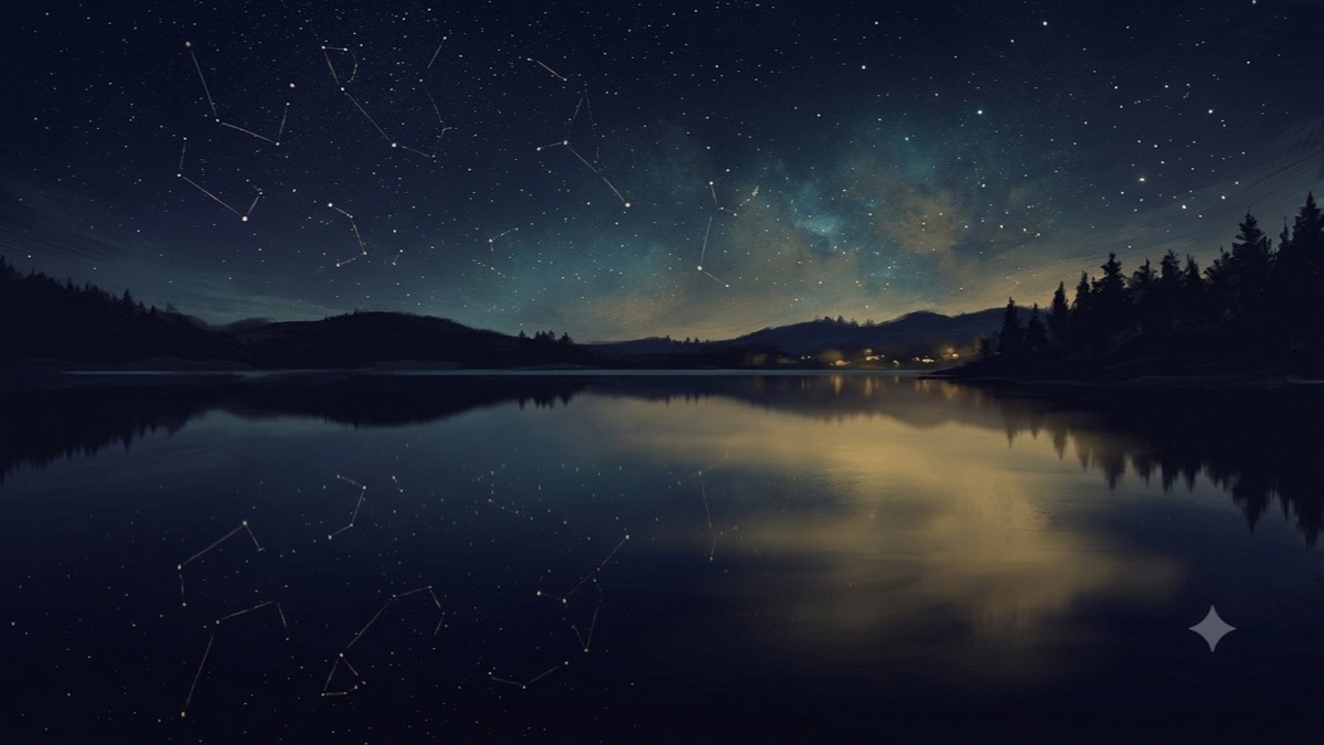 A still lake mirroring a crisp starfield, with one stretch of the reflection blurred into vague haze that no longer matches the real sky.