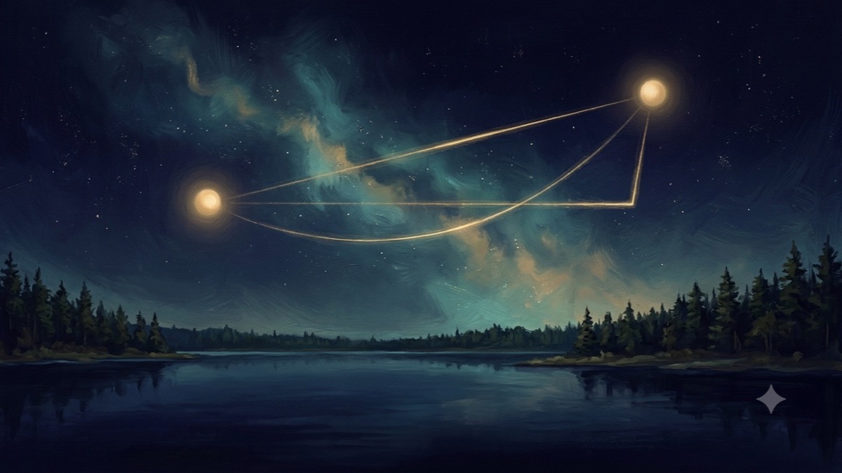 Two steady glowing orbs joined by faint gold threads at three different angles, the same lights telling three stories over a still lake.