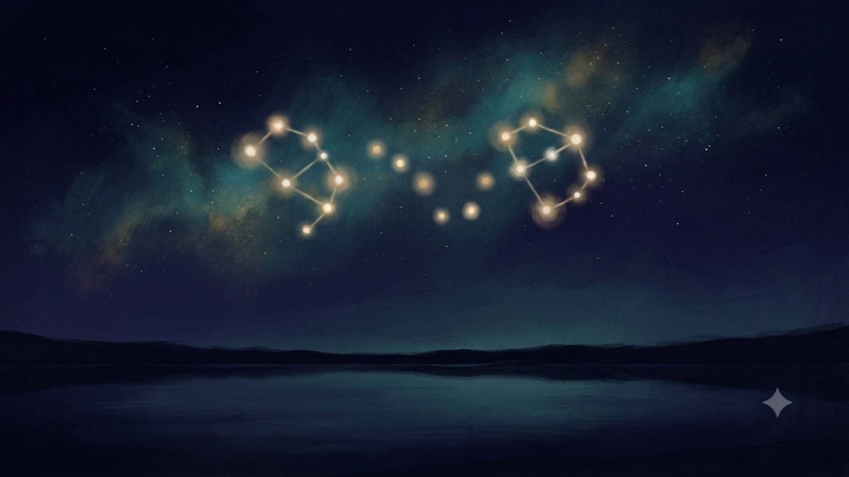 Two clusters of glowing forms with a soft new third light formed at each midpoint, composing an emergent constellation over a still lake.