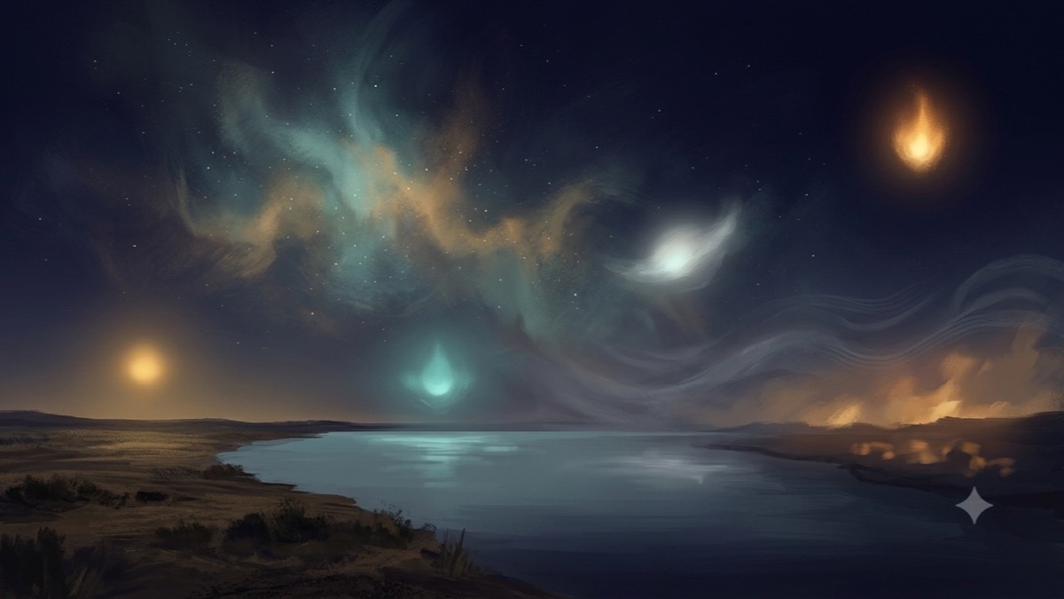 Four elemental zones meeting on one horizon — earth, water, air, fire — each with its own glowing celestial light, balanced in one sky.