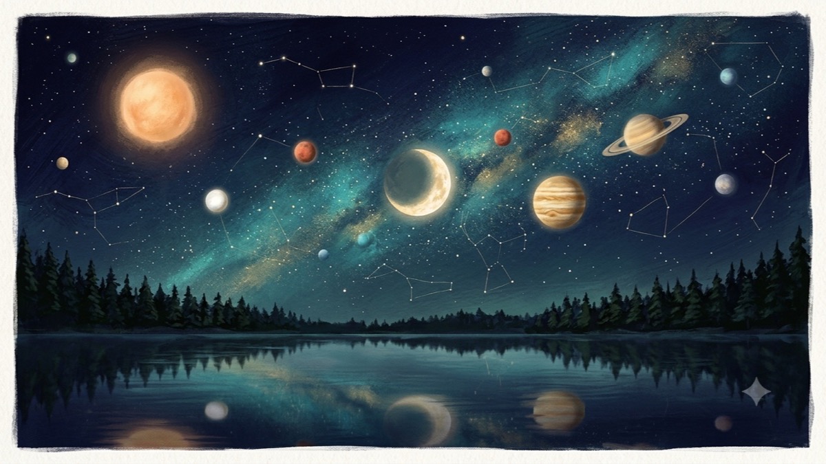 A whole night sky of glowing bodies at different heights — sun, moon, planets, faint constellation lines — over a still mirroring lake.