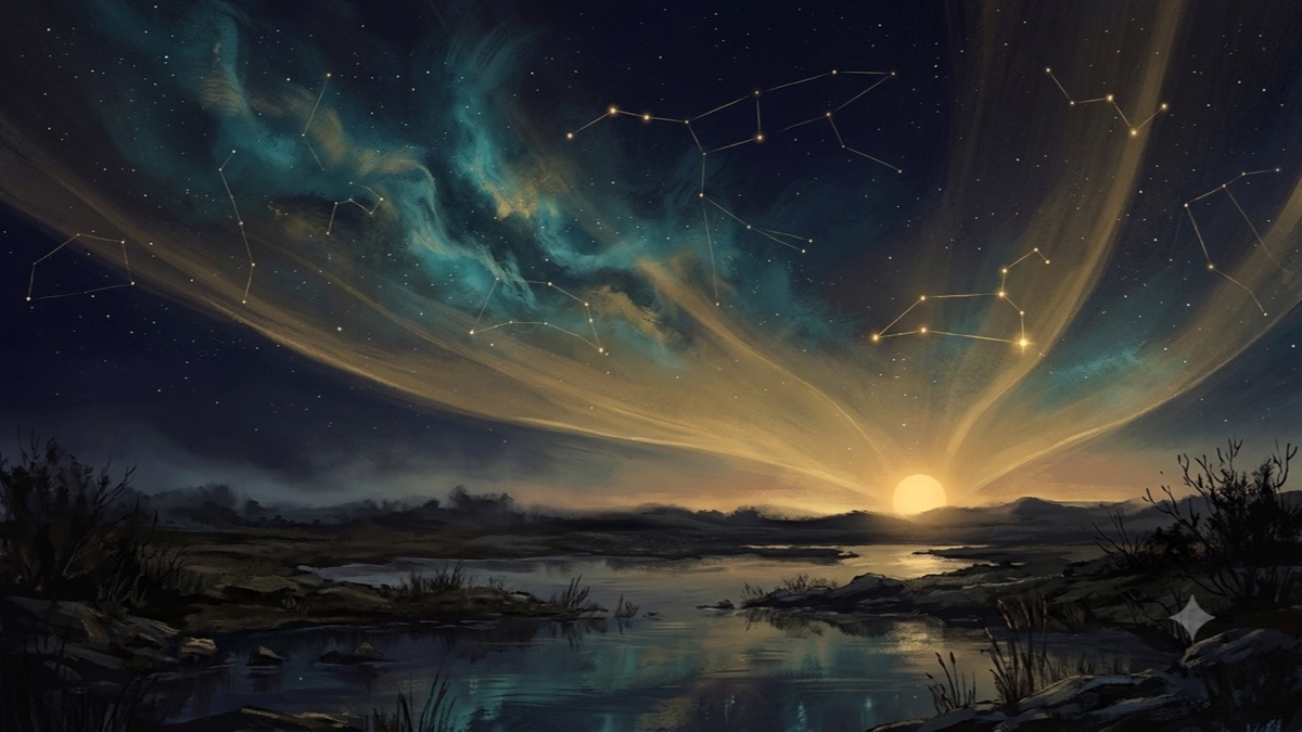 A warm-gold sun returning to one marked point, casting a translucent overlay of light across a familiar constellation at dawn.