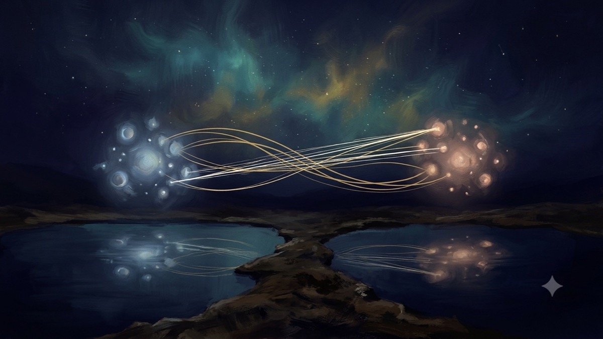 Two distinct clusters of glowing forms over twin pools, fine threads of light crossing between them, some smooth, some taut.