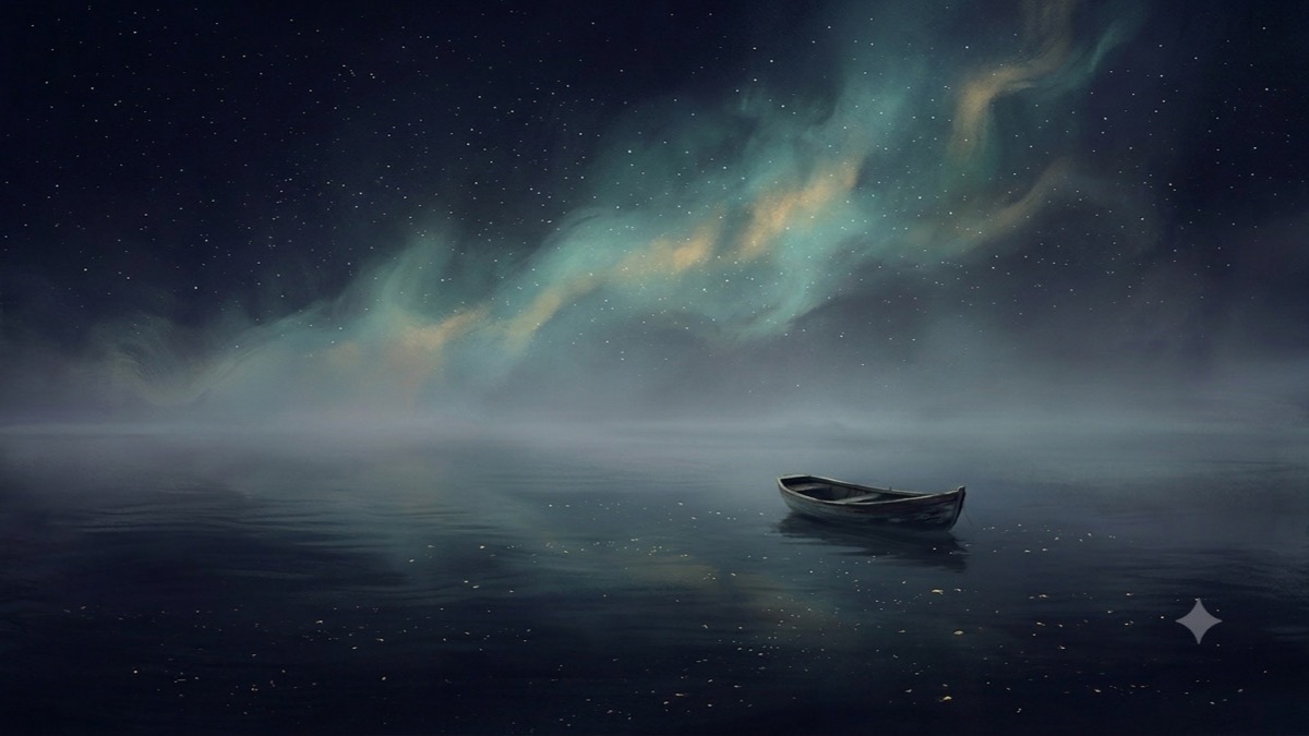 A small empty boat adrift on still misty water under a dissolving nebula sky, gold flecks scattered on the surface.