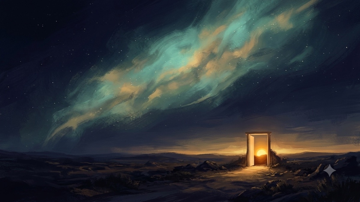 A glowing open doorway at the eastern horizon at first light, with a deeper inner sun half-hidden behind it.