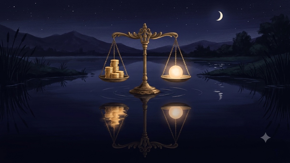 A balance scale weighing gold coins against a glowing orb, reflected as one light in dark water
