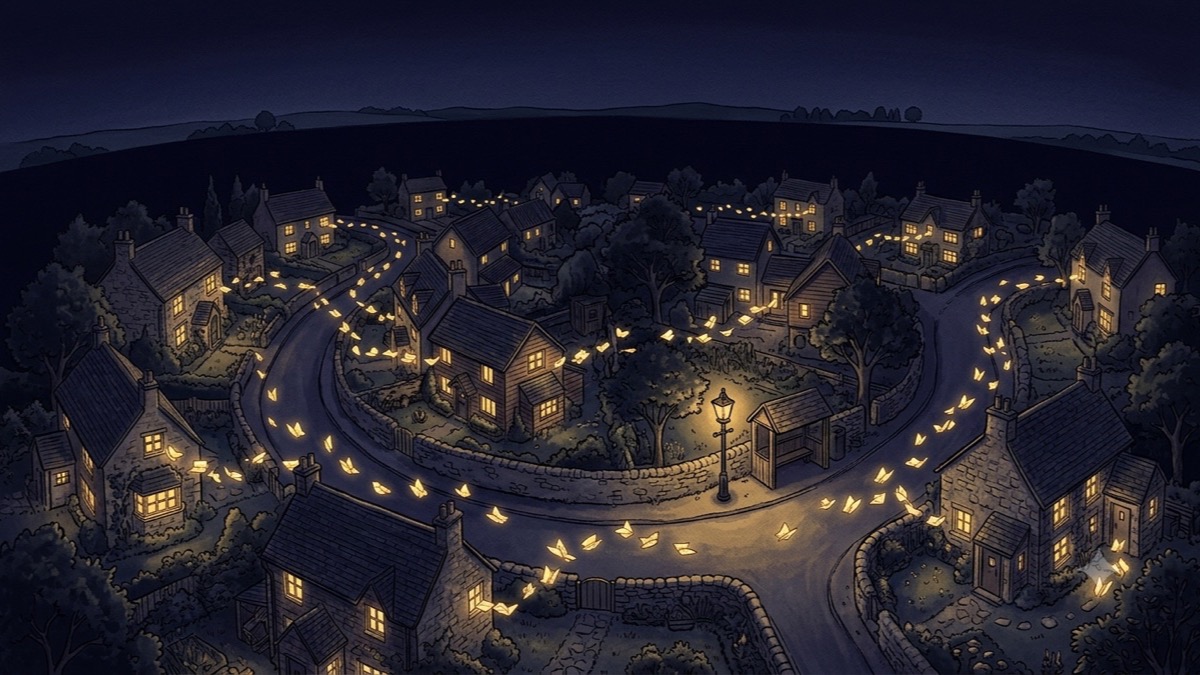 A night map of short neighborhood lanes with glowing paper notes flying between houses