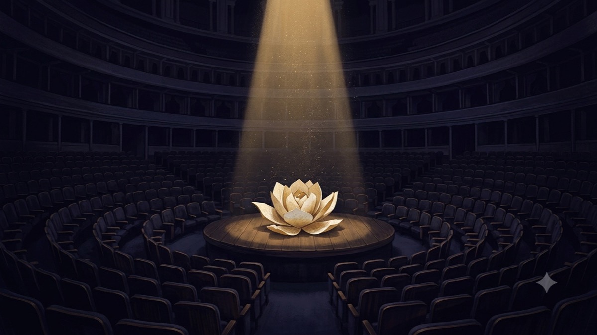 A single spotlight on an unfolding paper flower on a small stage in an empty dark amphitheater