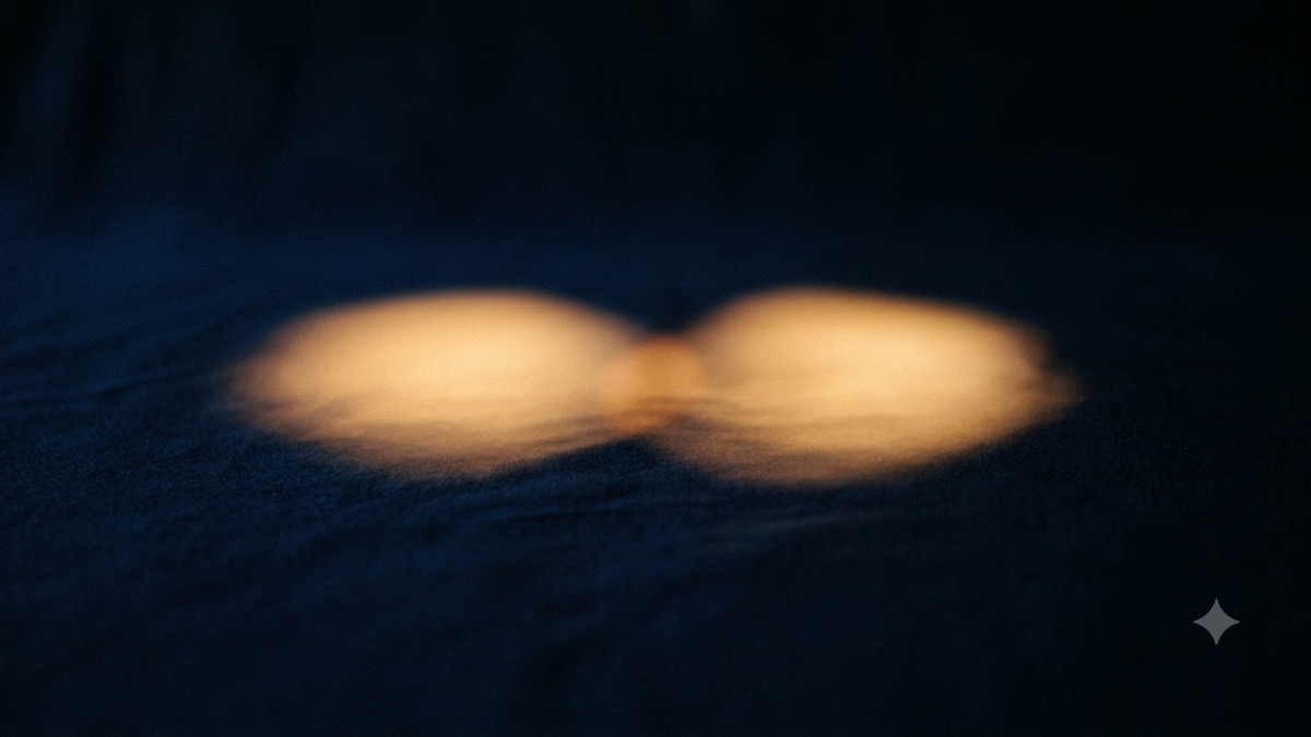 Two soft pools of gold light side by side on deep indigo, gently overlapping where they meet, suggesting two distinct things that touch without merging