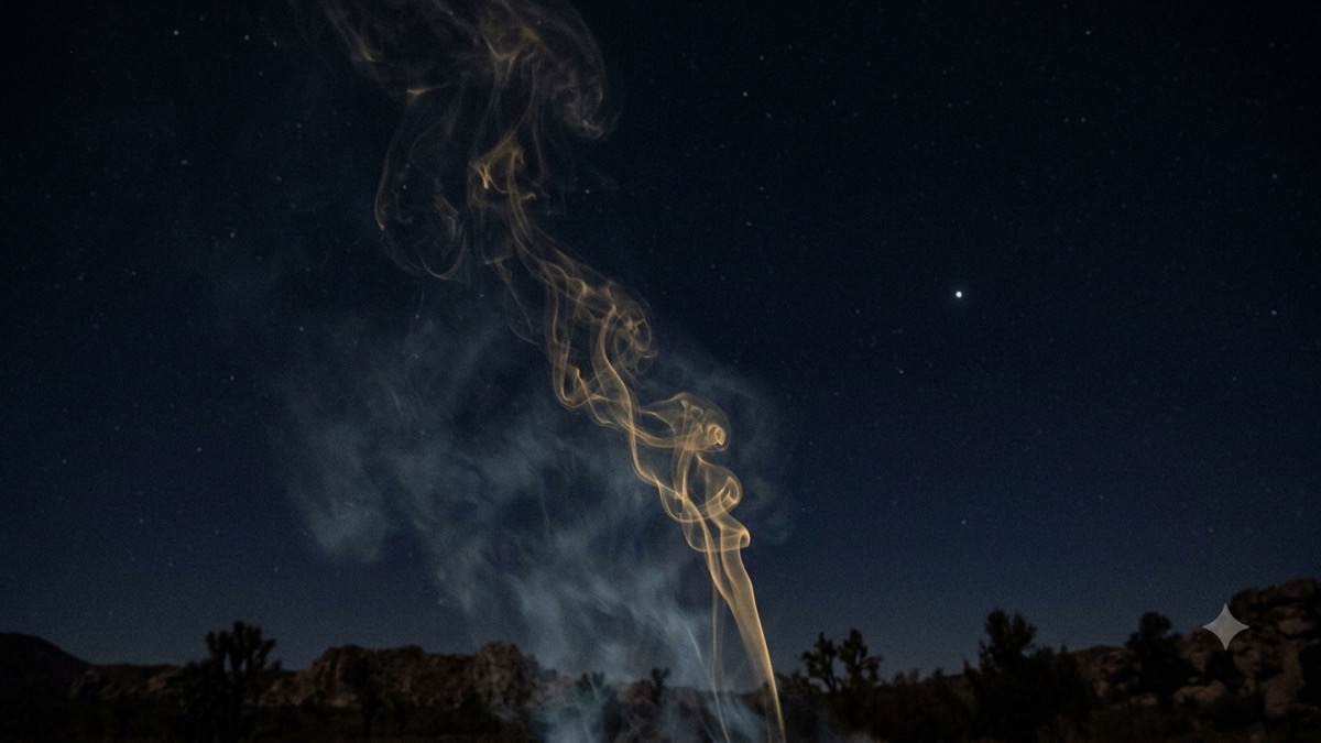 Thin gold smoke dissolving into a deep indigo sky, evoking the Ketu period's themes of release and quiet inward turning.