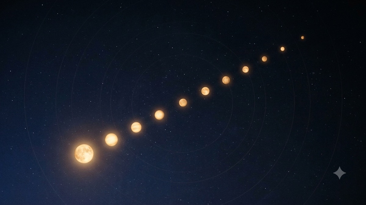 Nine glowing planetary lights strung along a slow arc across a deep indigo night sky, evoking a long cycle of time.