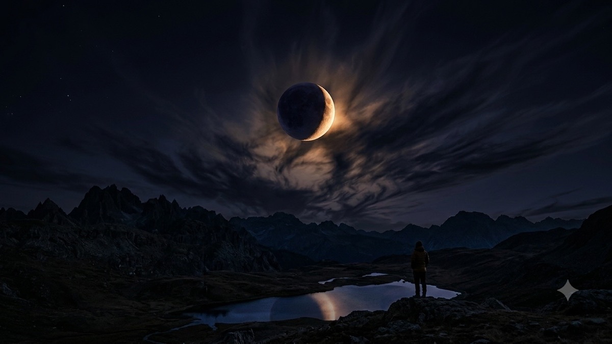 深靛蓝夜空中,一轮被阴影笼罩、边缘镶着金光的月亮,象征罗睺大运放大欲望与不安的基调。