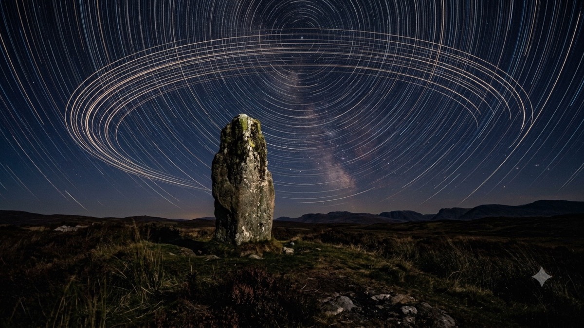 A weathered standing stone beneath a long arc of gold starlight in a deep indigo sky, evoking the Saturn period's slow, earned passage of time.