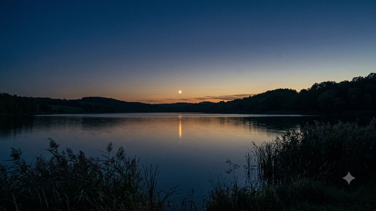 Venus glowing warm gold low over a calm indigo twilight horizon reflected on still water, evoking the Venus period's themes of beauty and ease.