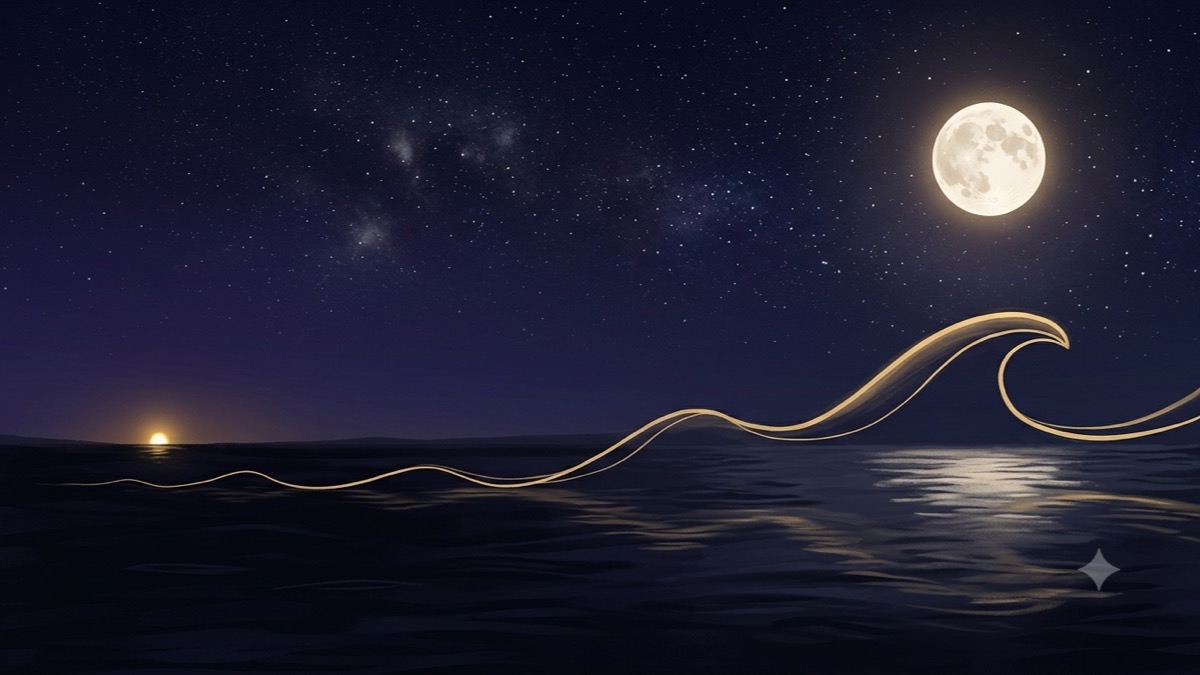 A gold tide wave growing in amplitude beneath a full moon, showing how full moon energy amplifies what is already building