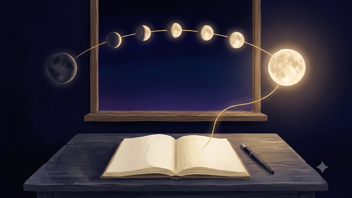 A gold thread arcing from an open journal back through waxing moons to the new moon and closing at the full moon — journaling as cycle completion