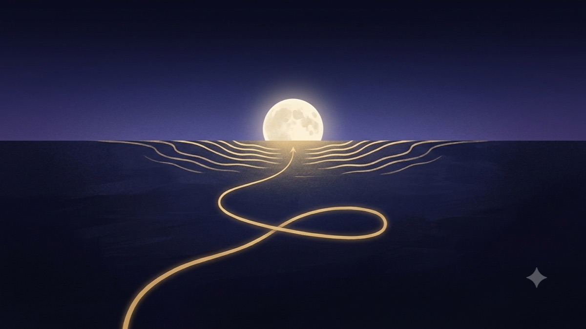 A gold path that loops back once then runs straight to a full moon — post-retrograde integration at the July 29, 2026 Aquarius full moon