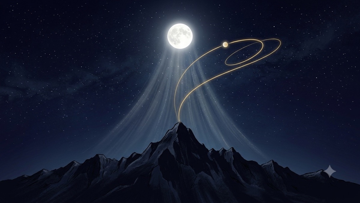 Full moon over a mountain summit while a planet's gold path loops back on itself — the double completion signal of June 29, 2026