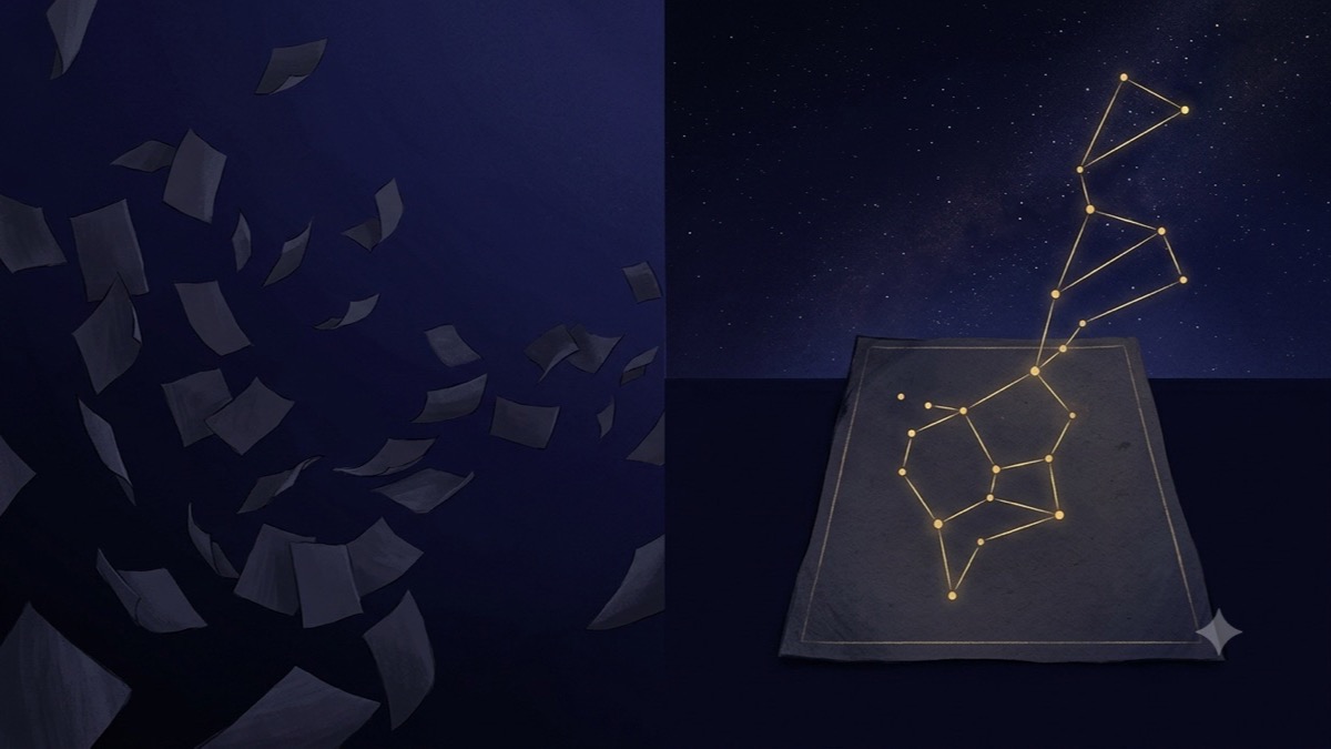 Scattered identical pages beside one page whose gold points connect into a constellation — topic lists versus diagnostic prompts that surface patterns